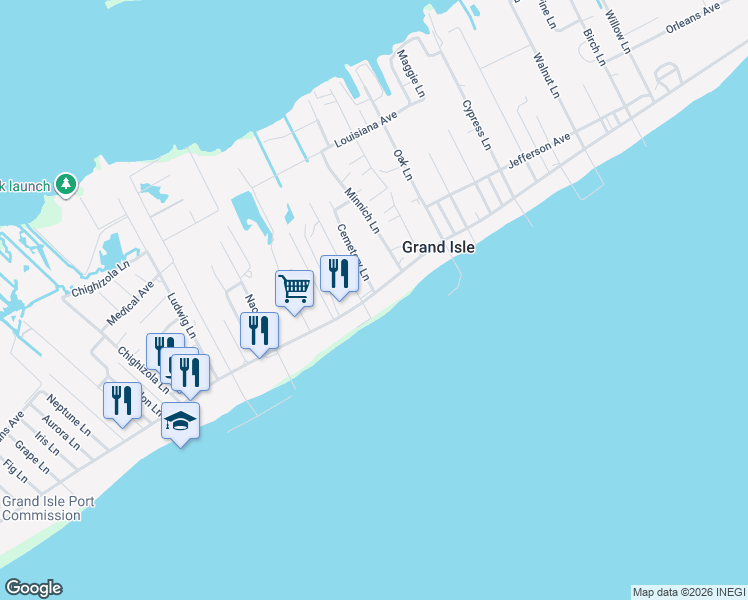 map of restaurants, bars, coffee shops, grocery stores, and more near 3416 Louisiana 1 in Grand Isle