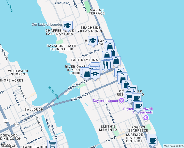 map of restaurants, bars, coffee shops, grocery stores, and more near 623 North Oleander Avenue in Daytona Beach