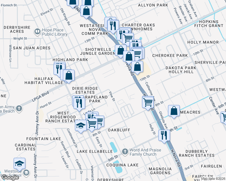 map of restaurants, bars, coffee shops, grocery stores, and more near 1088 10th Street in Daytona Beach