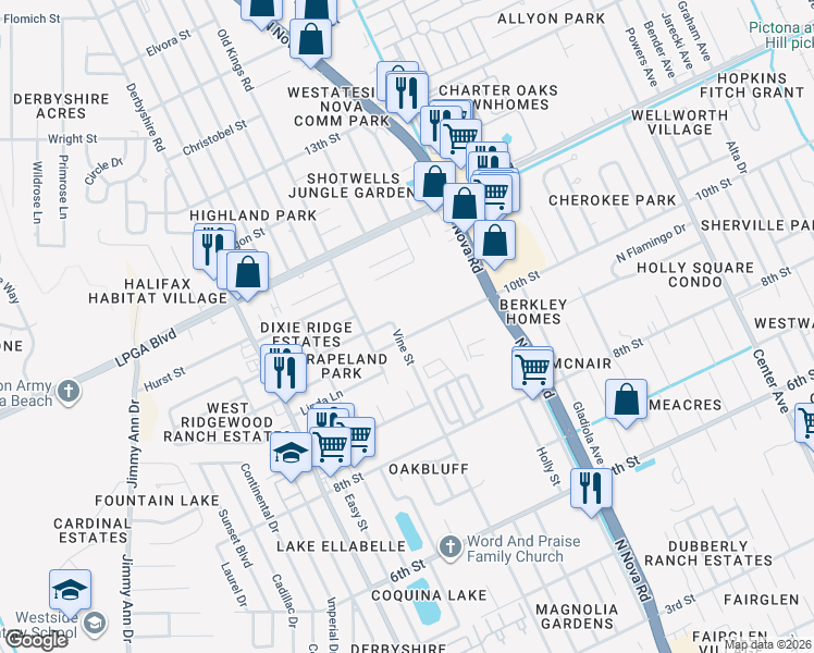 map of restaurants, bars, coffee shops, grocery stores, and more near 1088 10th Street in Daytona Beach