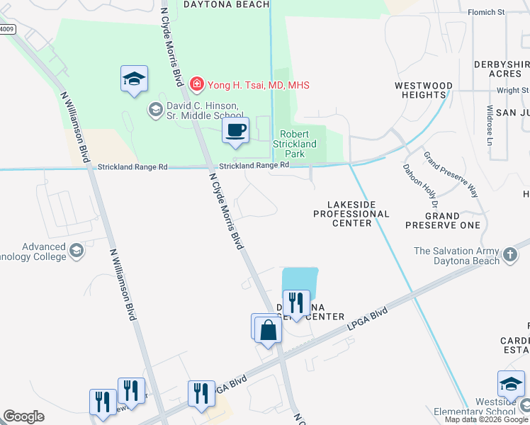 map of restaurants, bars, coffee shops, grocery stores, and more near 217 Tarracina Way in Daytona Beach