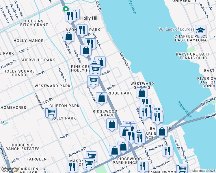 map of restaurants, bars, coffee shops, grocery stores, and more near 224 5th Street in Daytona Beach