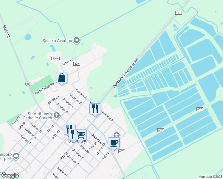 map of restaurants, bars, coffee shops, grocery stores, and more near 16315 County Road 171 in Danbury