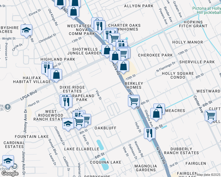map of restaurants, bars, coffee shops, grocery stores, and more near 1017 10th Street in Daytona Beach