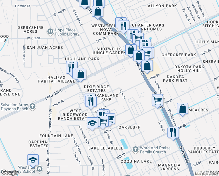 map of restaurants, bars, coffee shops, grocery stores, and more near 1201 Deneece Terrace in Daytona Beach