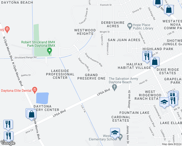 map of restaurants, bars, coffee shops, grocery stores, and more near 270 Dahoon Holly Drive in Daytona Beach