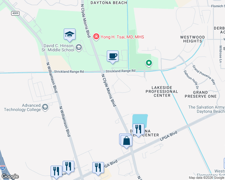 map of restaurants, bars, coffee shops, grocery stores, and more near 1781-1799 N Clyde Morris Blvd in Daytona Beach