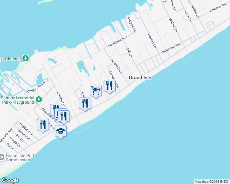 map of restaurants, bars, coffee shops, grocery stores, and more near 153 Landry Lane in Grand Isle