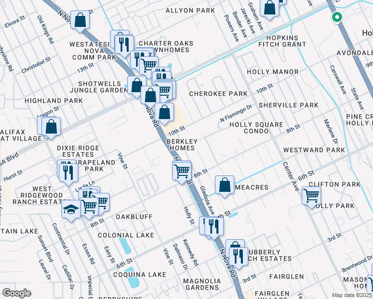 map of restaurants, bars, coffee shops, grocery stores, and more near 819 Catherine Avenue in Holly Hill