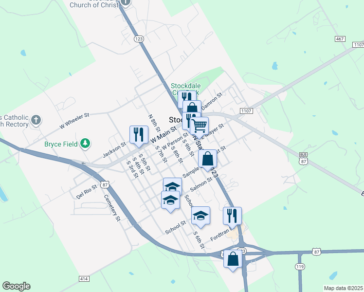 map of restaurants, bars, coffee shops, grocery stores, and more near 203 S 9th St in Stockdale