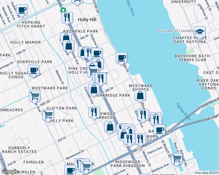 map of restaurants, bars, coffee shops, grocery stores, and more near 224 5th Street in Daytona Beach