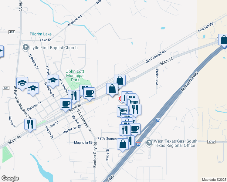 map of restaurants, bars, coffee shops, grocery stores, and more near in Lytle