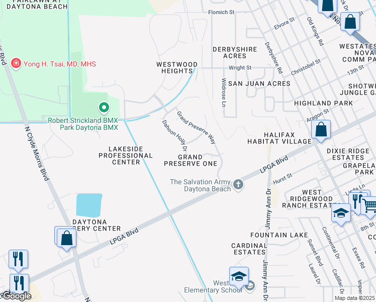 map of restaurants, bars, coffee shops, grocery stores, and more near 278 Dahoon Holly Drive in Daytona Beach