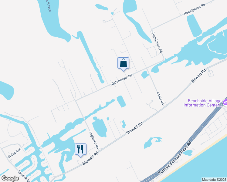 map of restaurants, bars, coffee shops, grocery stores, and more near 12011 Ostermeyer Rd in Galveston
