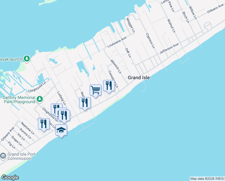 map of restaurants, bars, coffee shops, grocery stores, and more near 153 Landry Lane in Grand Isle