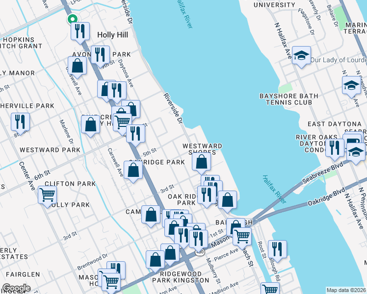 map of restaurants, bars, coffee shops, grocery stores, and more near 410 Riverside Drive in Daytona Beach