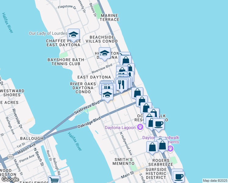 map of restaurants, bars, coffee shops, grocery stores, and more near 441 Seabreeze Blvd in Daytona Beach