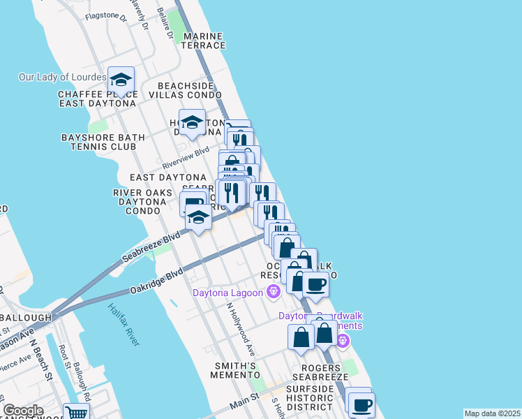 map of restaurants, bars, coffee shops, grocery stores, and more near 527 Florida A1A in Daytona Beach