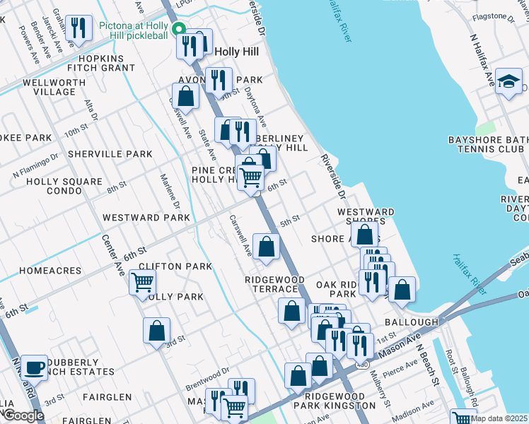 map of restaurants, bars, coffee shops, grocery stores, and more near 520 Ridgewood Avenue in Holly Hill