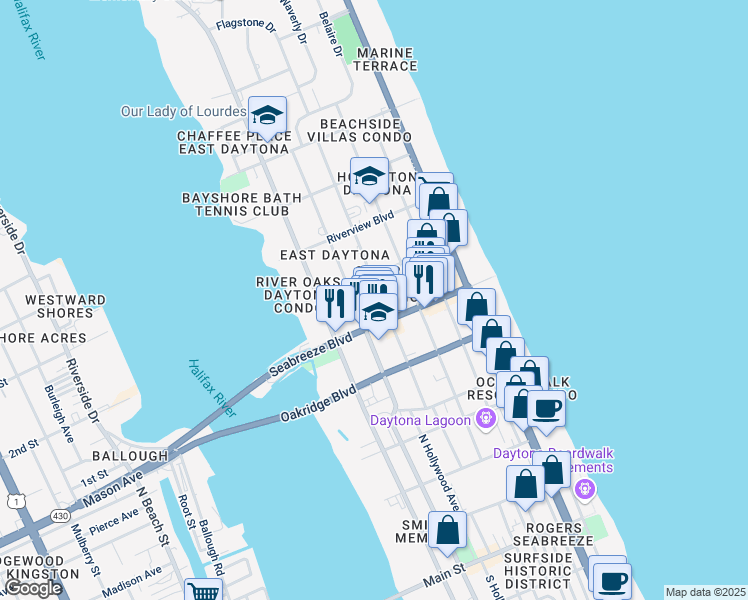 map of restaurants, bars, coffee shops, grocery stores, and more near 623 North Oleander Avenue in Daytona Beach