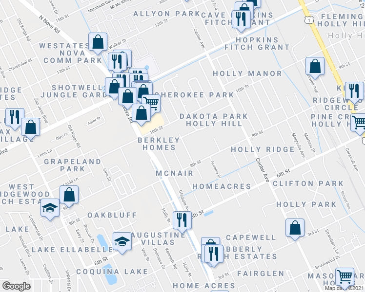 map of restaurants, bars, coffee shops, grocery stores, and more near 828 Lakewood Drive in Daytona Beach