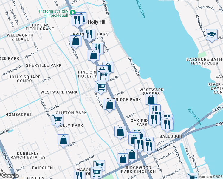 map of restaurants, bars, coffee shops, grocery stores, and more near 520 Ridgewood Avenue in Holly Hill