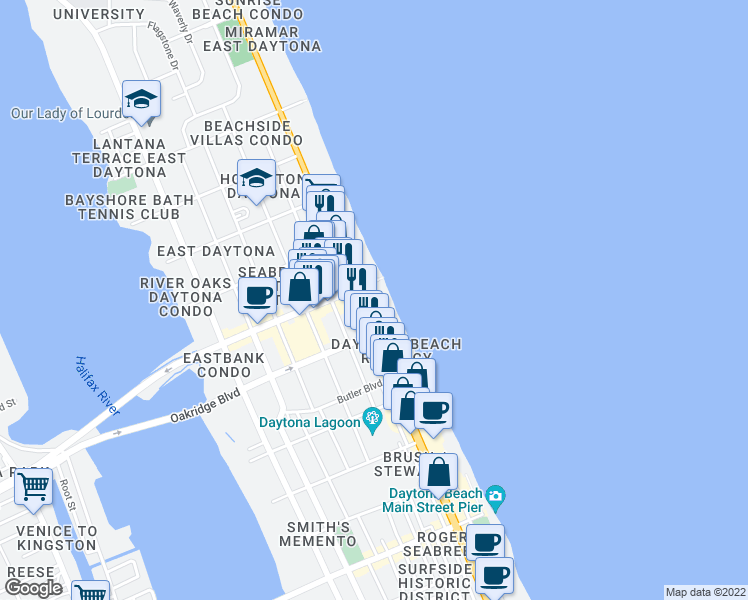 map of restaurants, bars, coffee shops, grocery stores, and more near 527 Florida A1A in Daytona Beach