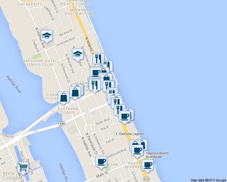 map of restaurants, bars, coffee shops, grocery stores, and more near 527 Florida A1A in Daytona Beach