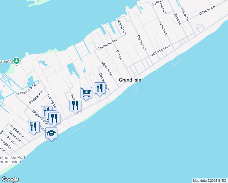 map of restaurants, bars, coffee shops, grocery stores, and more near 3416 Louisiana 1 in Grand Isle