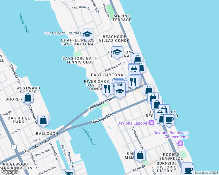 map of restaurants, bars, coffee shops, grocery stores, and more near 214 Glenview Boulevard in Daytona Beach