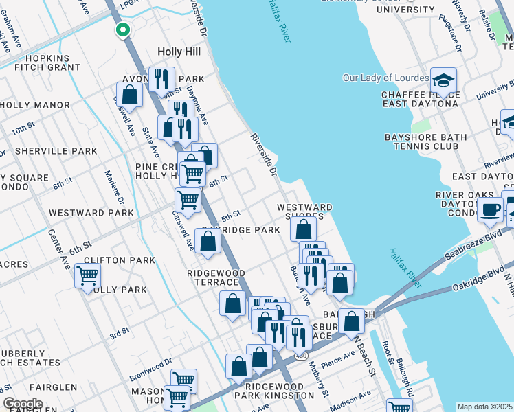 map of restaurants, bars, coffee shops, grocery stores, and more near 155 5th Street in Daytona Beach