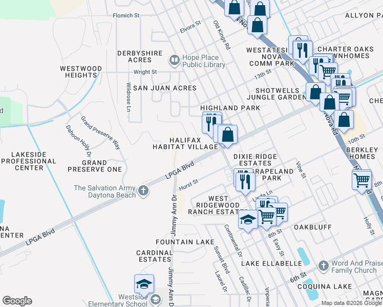 map of restaurants, bars, coffee shops, grocery stores, and more near 1348 LPGA Boulevard in Daytona Beach
