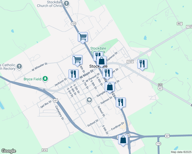 map of restaurants, bars, coffee shops, grocery stores, and more near 203 South 9th Street in Stockdale