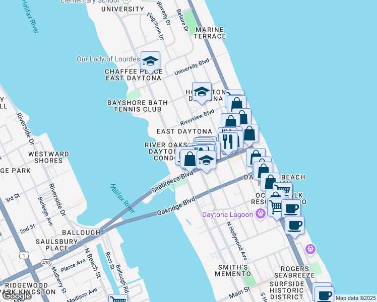 map of restaurants, bars, coffee shops, grocery stores, and more near 216 Glenview Boulevard in Daytona Beach