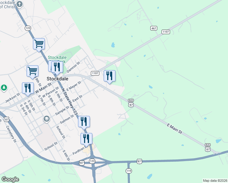 map of restaurants, bars, coffee shops, grocery stores, and more near 302 Southeast Main Street in Stockdale