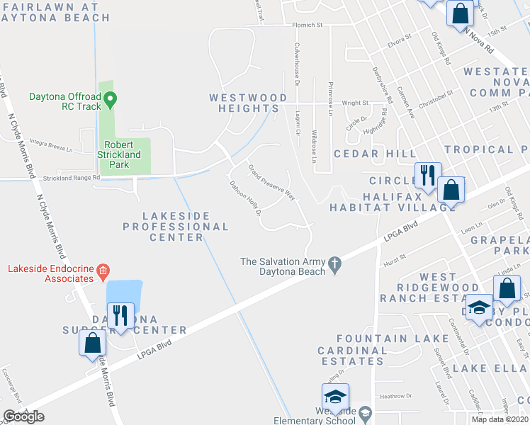 map of restaurants, bars, coffee shops, grocery stores, and more near 241 Brass Wood Court in Daytona Beach