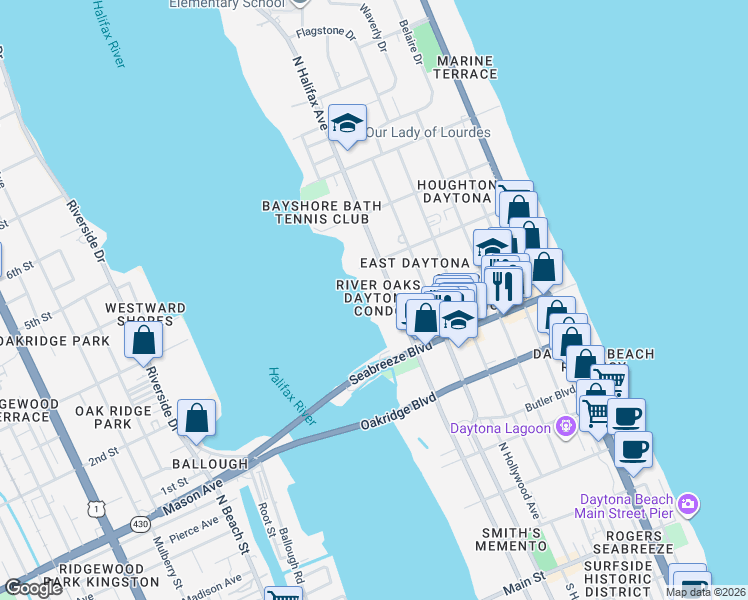 map of restaurants, bars, coffee shops, grocery stores, and more near 100 Glenview Boulevard in Daytona Beach