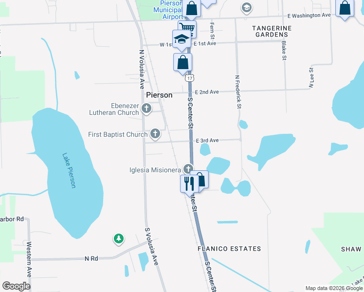map of restaurants, bars, coffee shops, grocery stores, and more near 137 West 3rd Avenue in Pierson