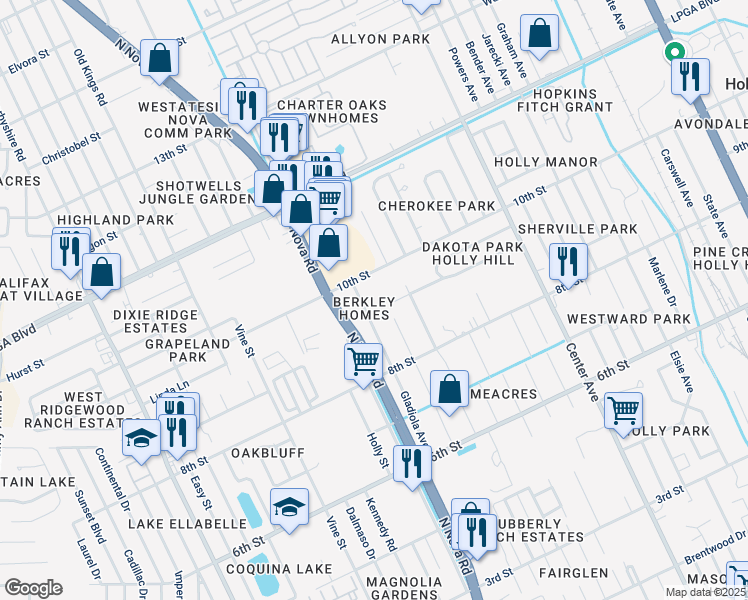 map of restaurants, bars, coffee shops, grocery stores, and more near 819 Catherine Avenue in Holly Hill