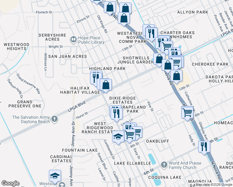 map of restaurants, bars, coffee shops, grocery stores, and more near 1224 Leon Lane in Daytona Beach