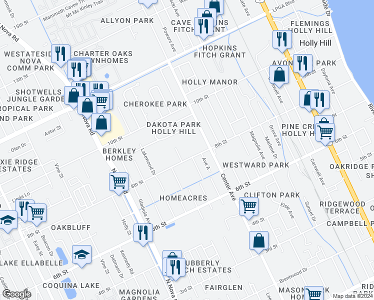 map of restaurants, bars, coffee shops, grocery stores, and more near 653 8th Street in Daytona Beach