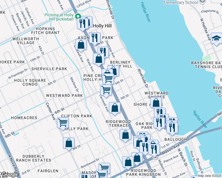 map of restaurants, bars, coffee shops, grocery stores, and more near 520 Ridgewood Avenue in Daytona Beach