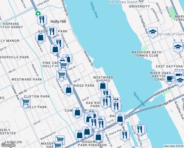 map of restaurants, bars, coffee shops, grocery stores, and more near 410 Riverside Drive in Daytona Beach