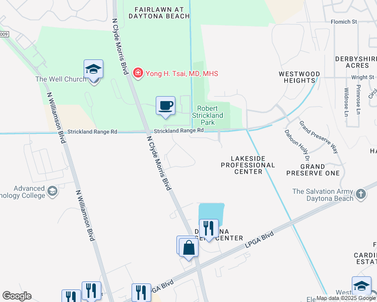 map of restaurants, bars, coffee shops, grocery stores, and more near 217 Tarracina Way in Daytona Beach