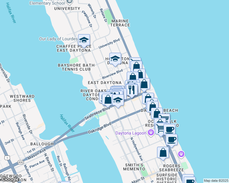 map of restaurants, bars, coffee shops, grocery stores, and more near 623 North Oleander Avenue in Daytona Beach