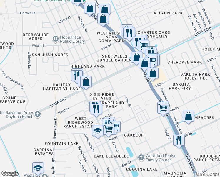 map of restaurants, bars, coffee shops, grocery stores, and more near 1201 Deneece Terrace in Daytona Beach