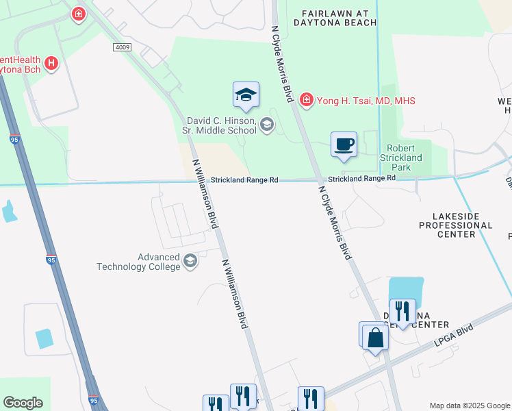 map of restaurants, bars, coffee shops, grocery stores, and more near 1952 Strickland Range Road in Daytona Beach