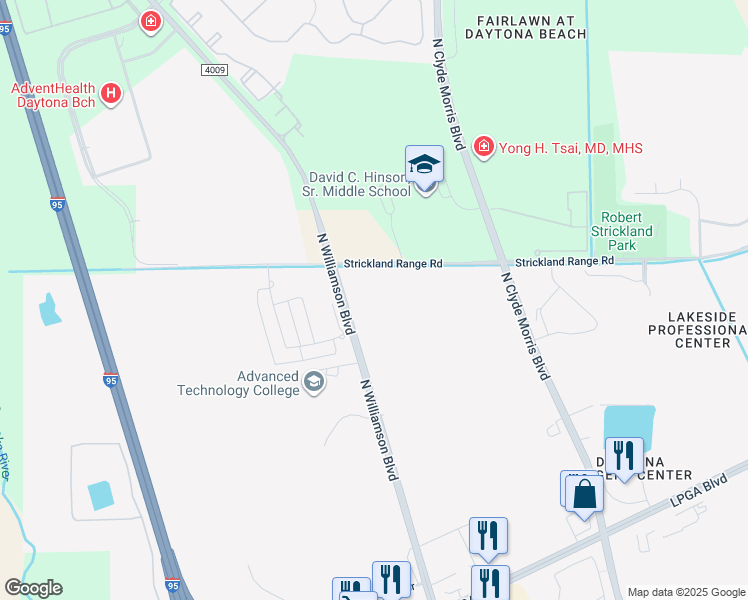 map of restaurants, bars, coffee shops, grocery stores, and more near 1901 North Williamson Boulevard in Daytona Beach