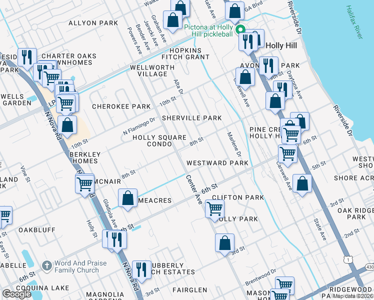 map of restaurants, bars, coffee shops, grocery stores, and more near 532 8th Street in Holly Hill