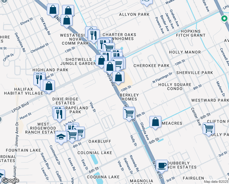 map of restaurants, bars, coffee shops, grocery stores, and more near 1520 North Nova Road in Daytona Beach